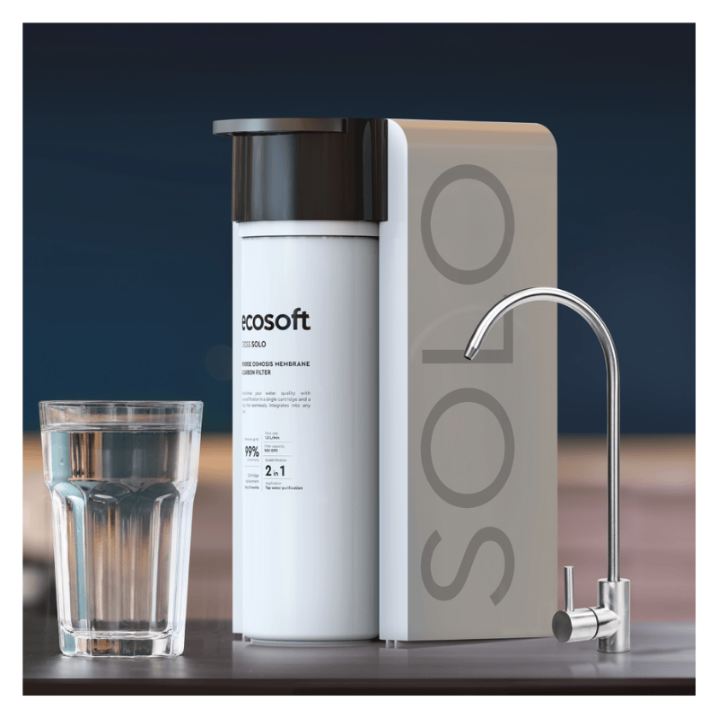 Ecosoft reverse osmosis system with tap and glass water