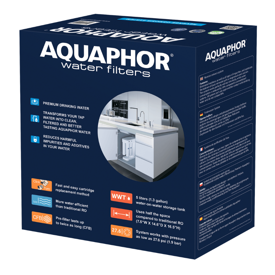 Aquaphor water filters packaging with product details on a white background