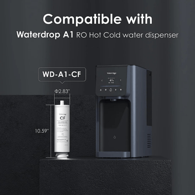 Waterdrop A1 RO hot cold water dispenser with a bottle on a dark background