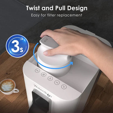 A filter cartridge being replaced in a countertop dispenser