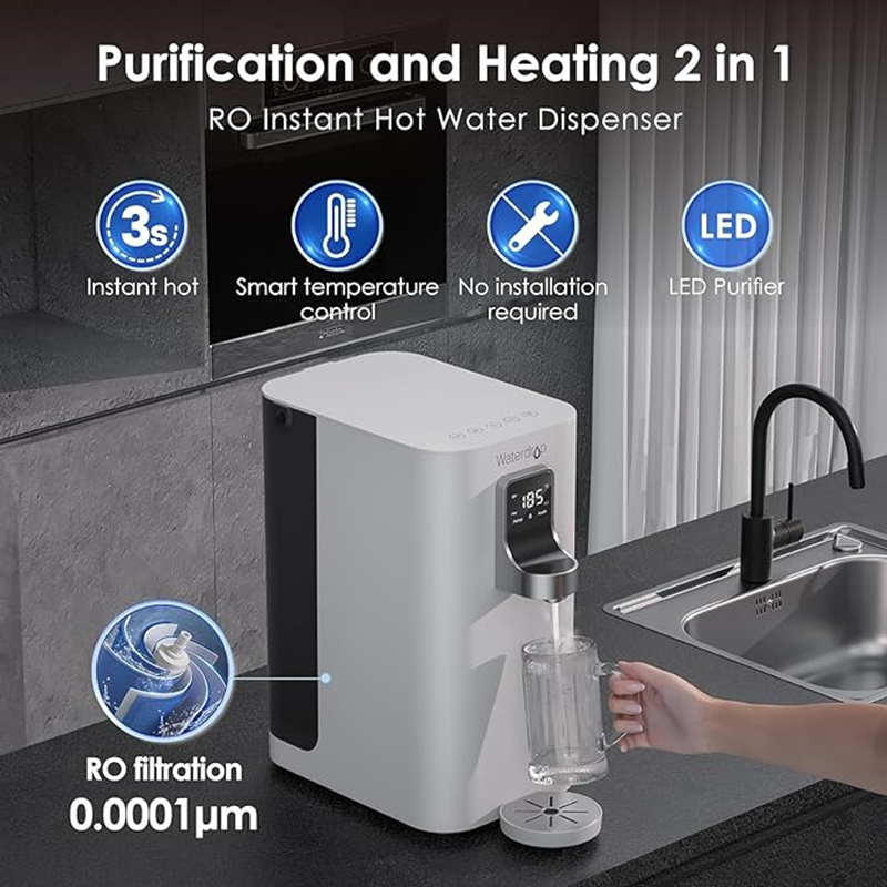 a graphic explaining water purification and heating features of a countertop dispenser with other features listed