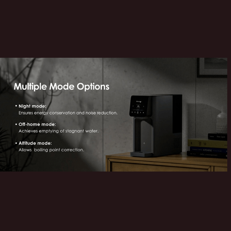 Reverse osmosis countertop water dispenser on a table with list of modes on the left