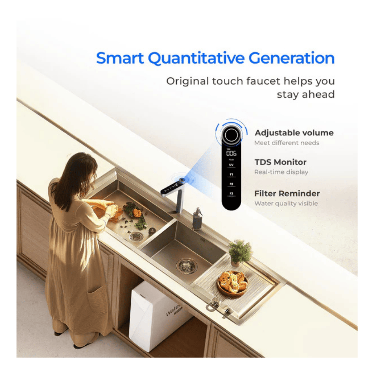 Smart touch faucet with TDS monitor and filter life reminder in a kitchen setting with text highlighting features.