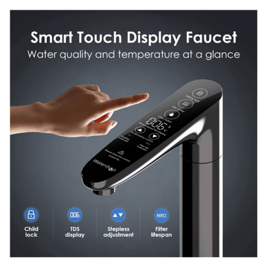 A smart display faucet with features listed