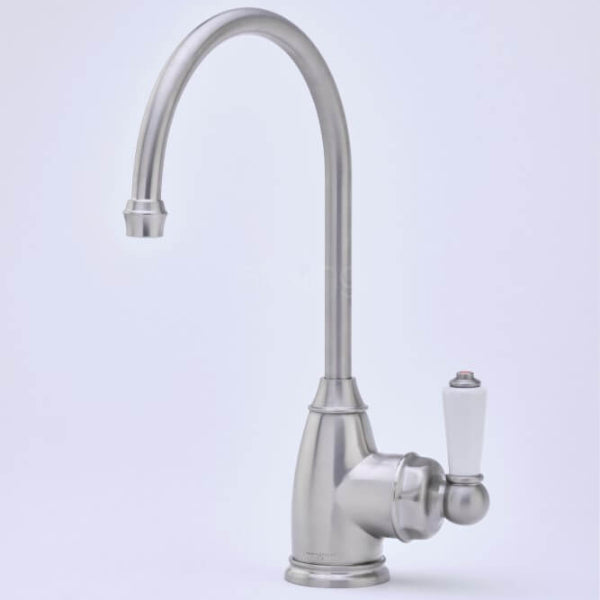 Brushed steel instant hot tap with white lever handle on light backdrop