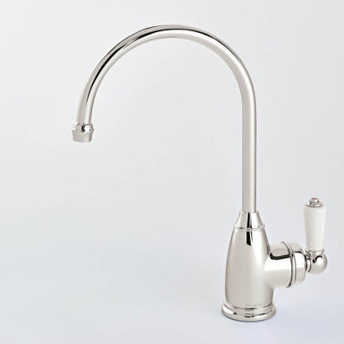 Nickel instant hot water tap with white lever handle on plain background