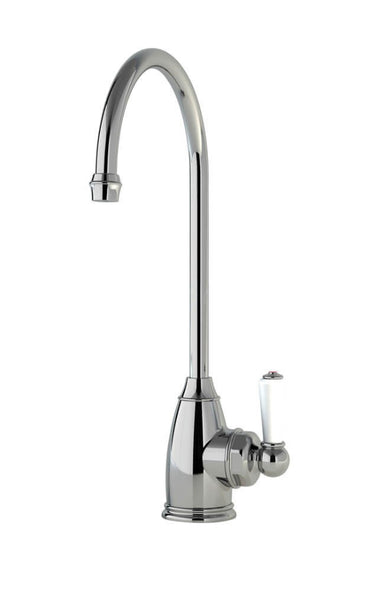Chrome instant hot water tap with curved neck and white lever handle