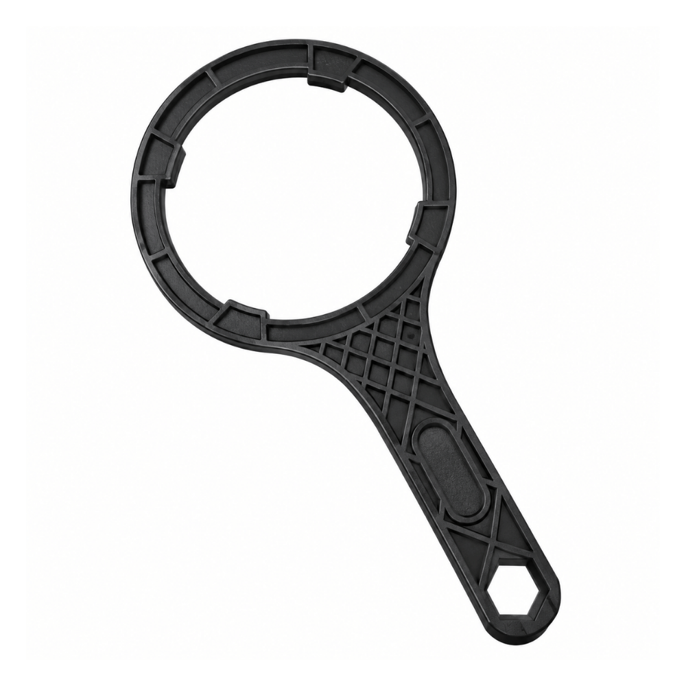 A black plastic whole house water filter spanner with a textured handle and a hexagonal hanging hole, shown on a plain white background.