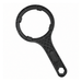 A black plastic whole house water filter spanner with a textured handle and a hexagonal hanging hole, shown on a plain white background.