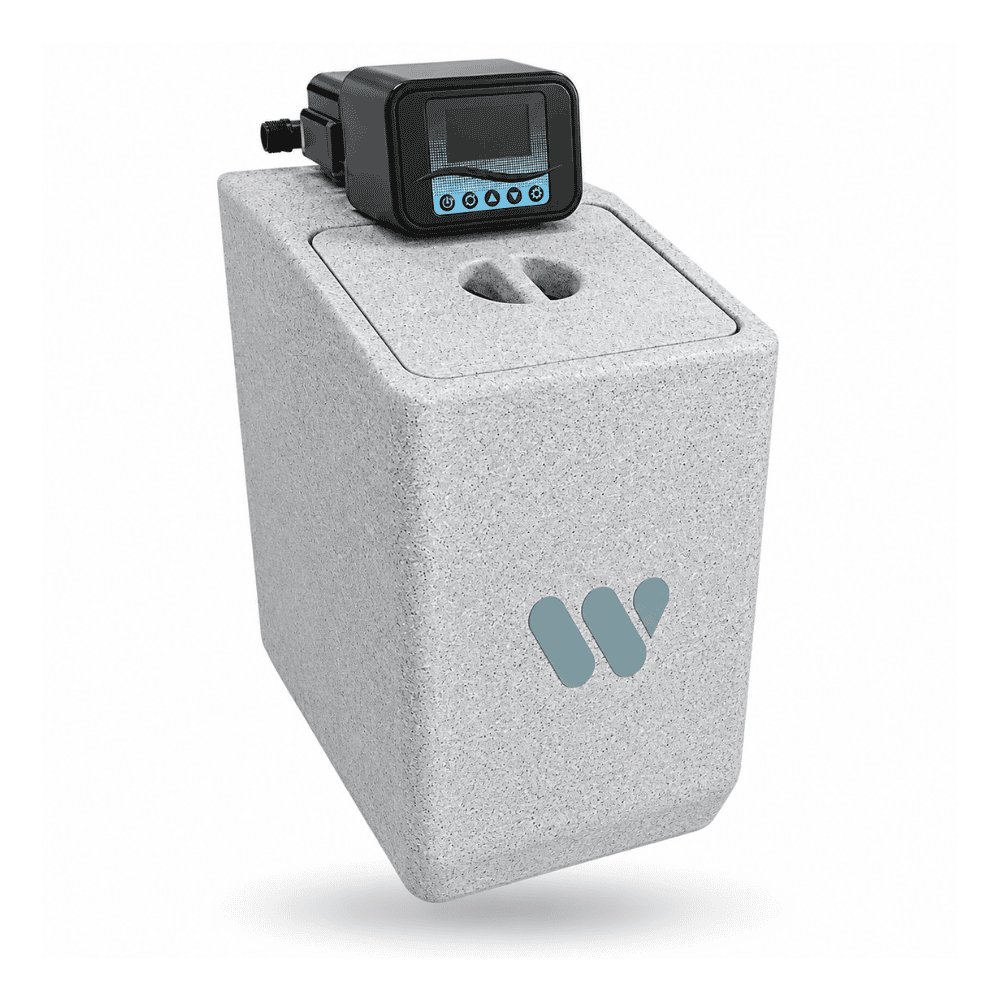 A gray water softener with a black digital control box mounted on top, shown on a clean white background.