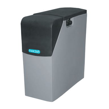 a black and grey non electric water softner with super soft logo, all on a white background