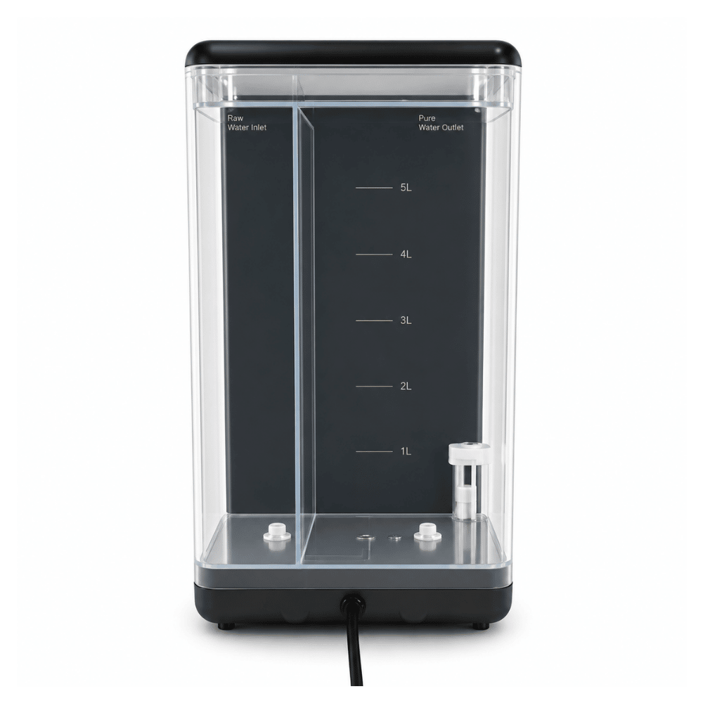 Clear water dispenser with black lid and measurement markings on a white background