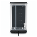 Clear water dispenser with black lid and measurement markings on a white background
