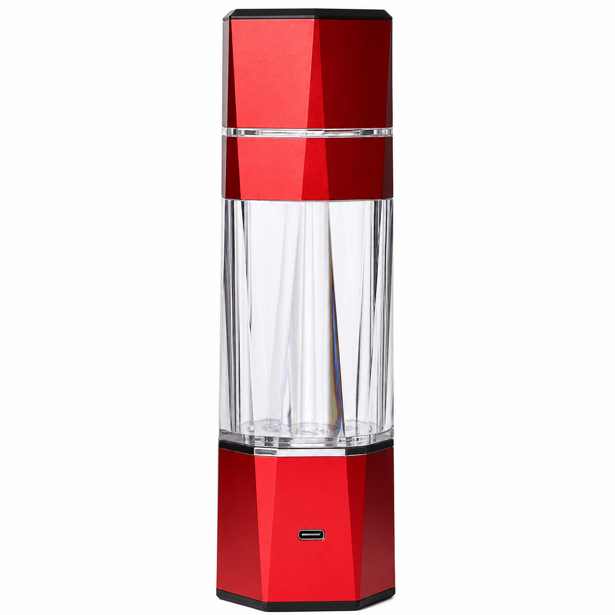Red and clear Hydrogen Water Bottle with charger points on a white background