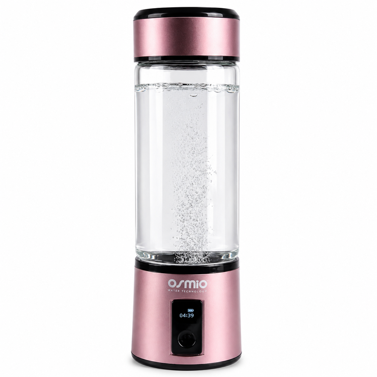 Pink and clear hydrogen water bottle with Osmio branding on a white background