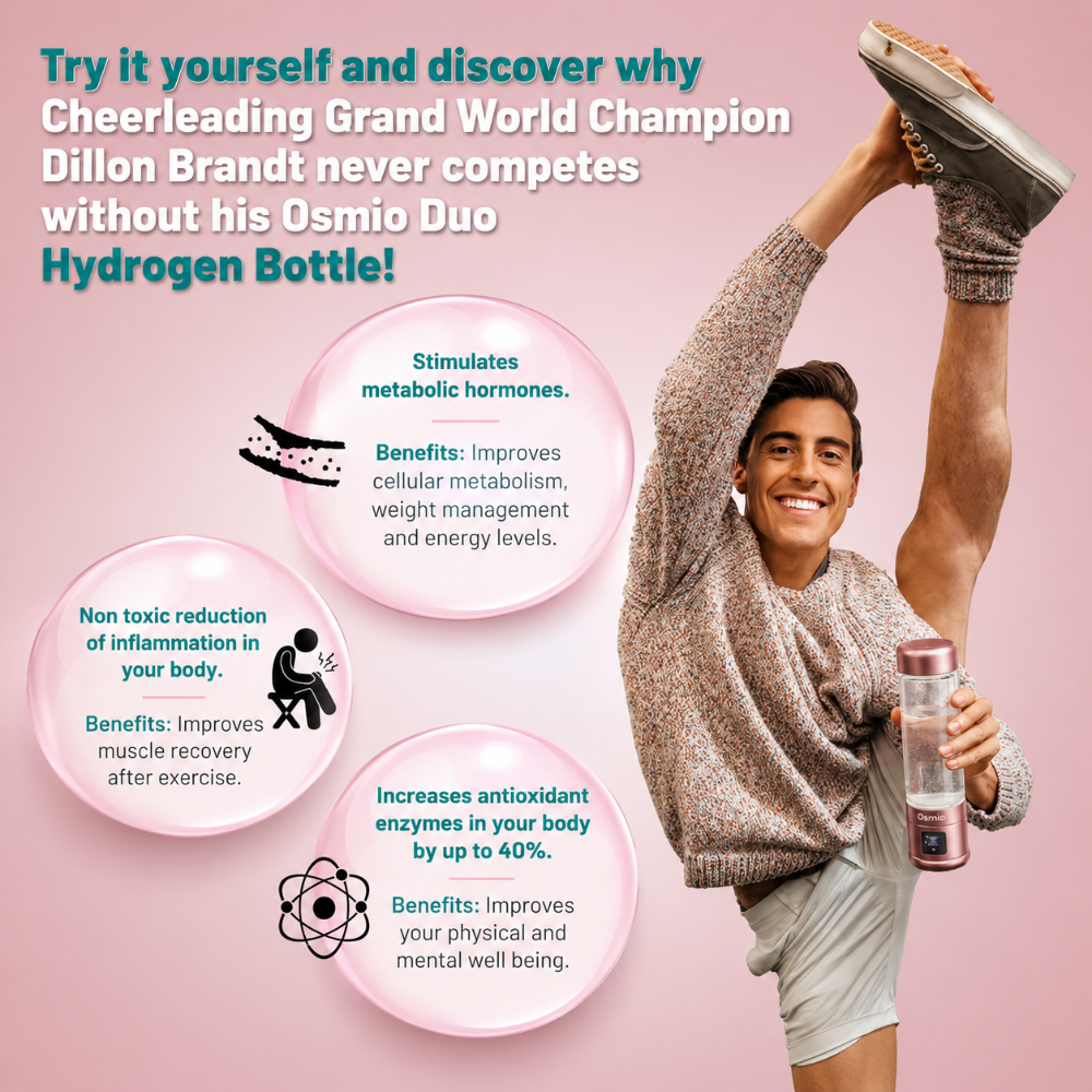 Person stretching with Osmio Duo Hydrogen Bottle on pink background